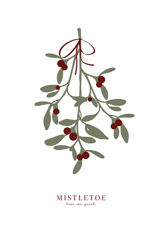  – Illustration d’une branche de gui avec des feuilles vertes et des baies rouges et du texte en dessous