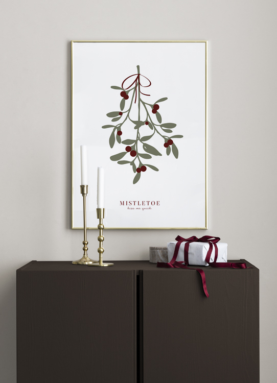  – Illustratie van een maretak met groene bladeren en rode bessen en tekst eronder