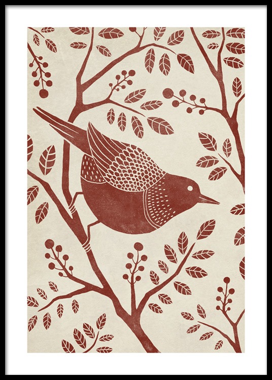  – Illustration eines Vogels, der auf einem Ast mit Blättern in Rot vor beigem Hintergrund sitzt