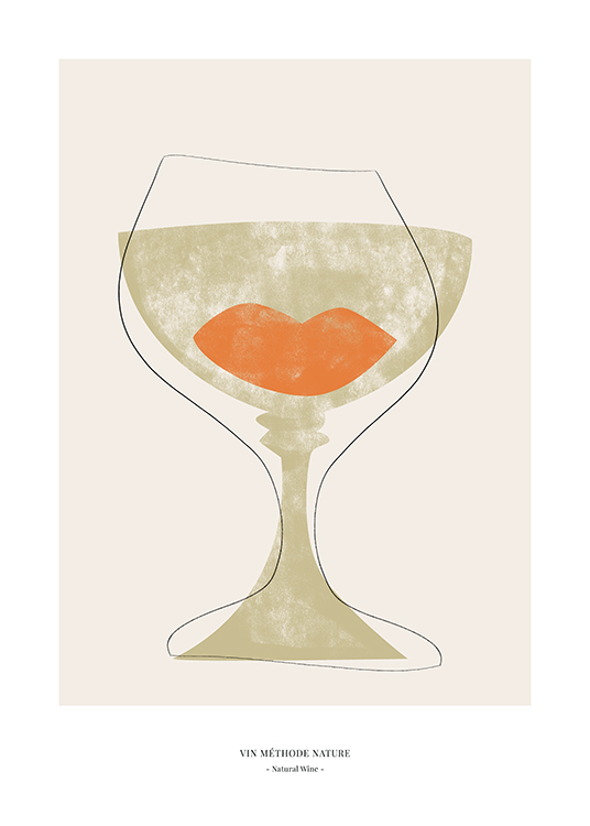  – Grafische illustratie van een groen en oranje abstract wijnglas dat met zwarte contouren op een beige achtergrond is geschetst