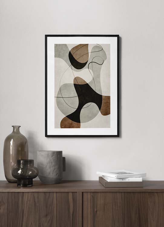  – Grafische illustratie met abstracte vormen en lijnen in bruin en grijs op een beige achtergrond