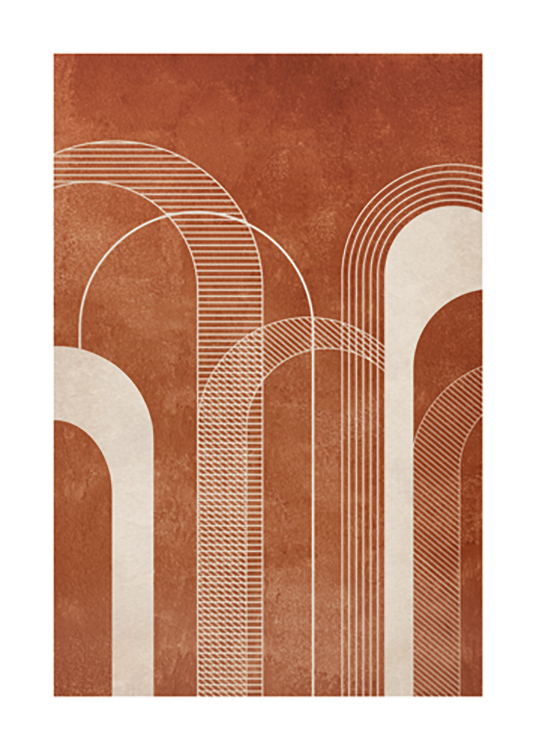  – Illustration graphique avec des arches beige clair avec des lignes, sur un fond inégal de couleur terre cuite
