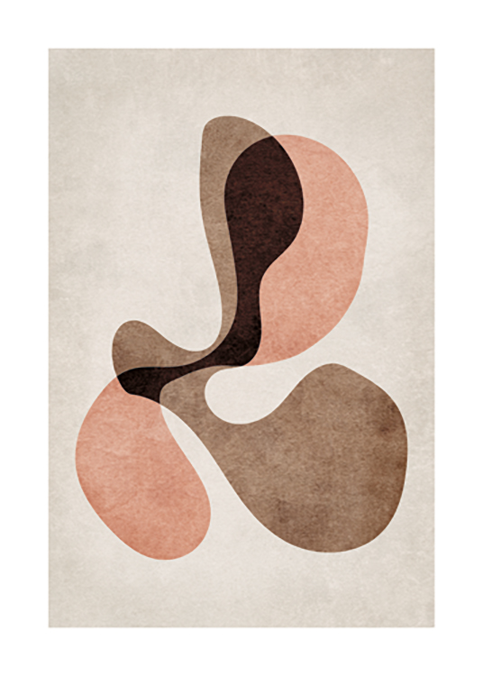  – Illustration graphique avec un amas de formes abstraites en marron, rouge et rose sur un fond beige