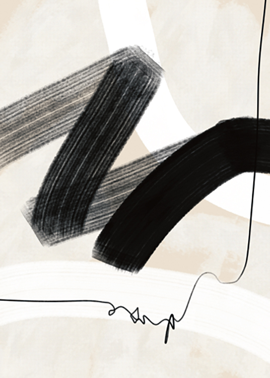  – Illustration graphique avec des coups de pinceau abstraits et des lignes en noir et blanc sur un fond beige clair