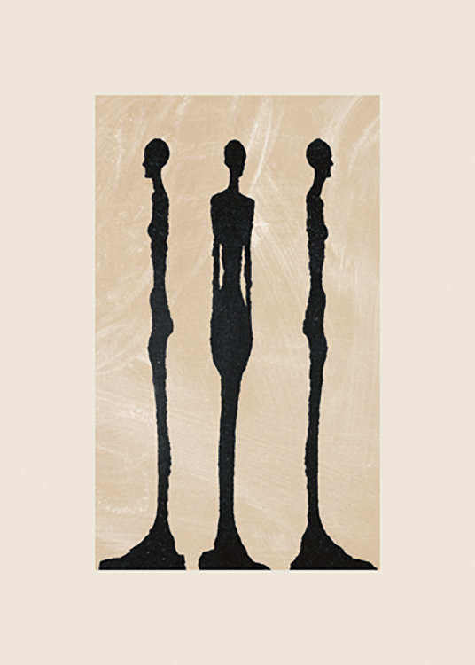  – Grafik mit drei schwarzen Skulpturen nebeneinander vor beigem Hintergrund
