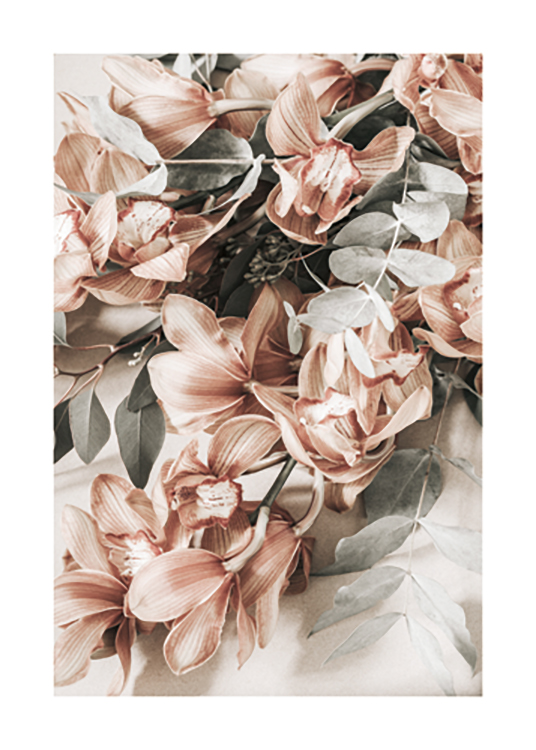  – Photographie d’un bouquet de feuilles vertes et de fleurs roses