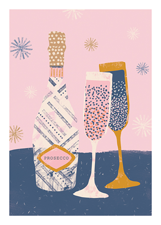– Illustration graphique de deux verres et d’une bouteille de Prosecco en rose, bleu et or