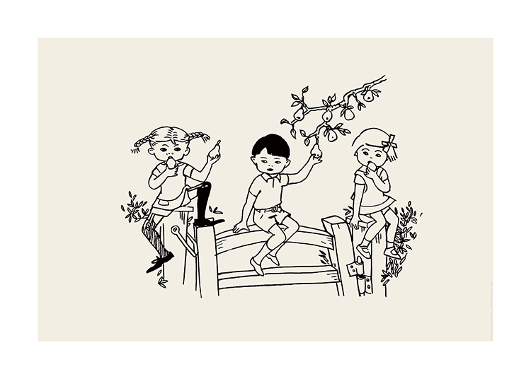  – Illustration de Fifi Brindacier, Tommy et Annika assis sur une barrière avec des feuilles