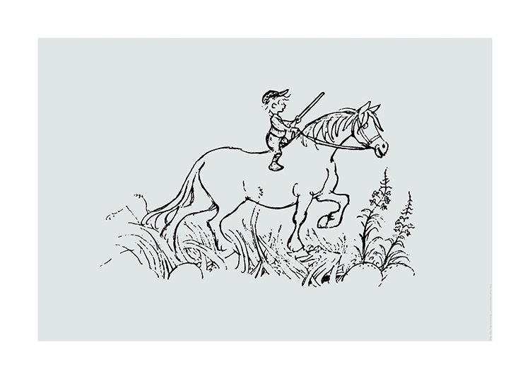  – Illustration en noir de Zozo la tornade faisant du cheval avec de l’herbe et des fleurs en bas