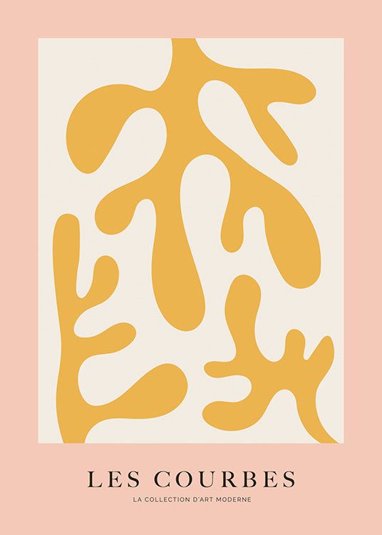  – Illustration graphique avec des coraux abstraits jaunes sur un fond beige clair et rose
