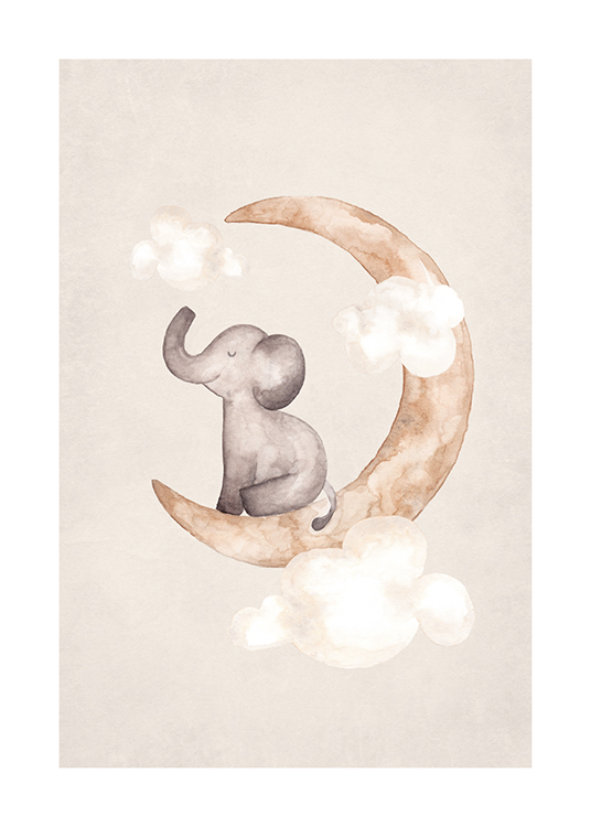  – Peinture à l’aquarelle d’un petit éléphant assis sur une lune avec des nuages tout autour