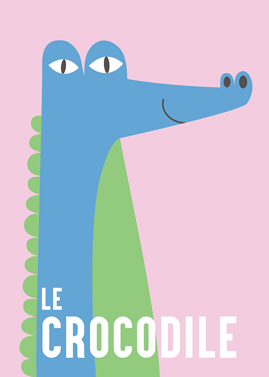  – Grafische Illustration eines lächelnden Krokodils in Blau und Grün auf rosa Hintergrund