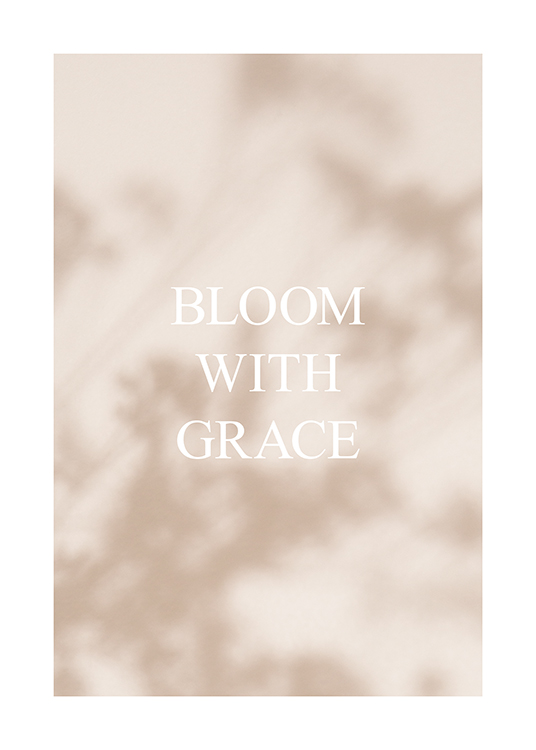  – Foto van schaduwen van bloemen op een lichtbeige achtergrond en witte tekst