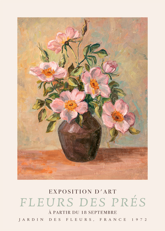  – Peinture d’un bouquet de fleurs roses dans un vase sur un fond coloré, avec du texte en bas