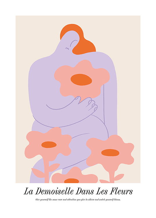  – Illustratie met een abstracte vrouw getekend in paars met roze bloemen om haar heen op een beige achtergrond