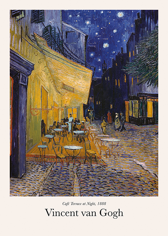  – Peinture d’un café en ville, avec une terrasse à l’extérieur de celui-ci, et un ciel bleu foncé à l’arrière-plan