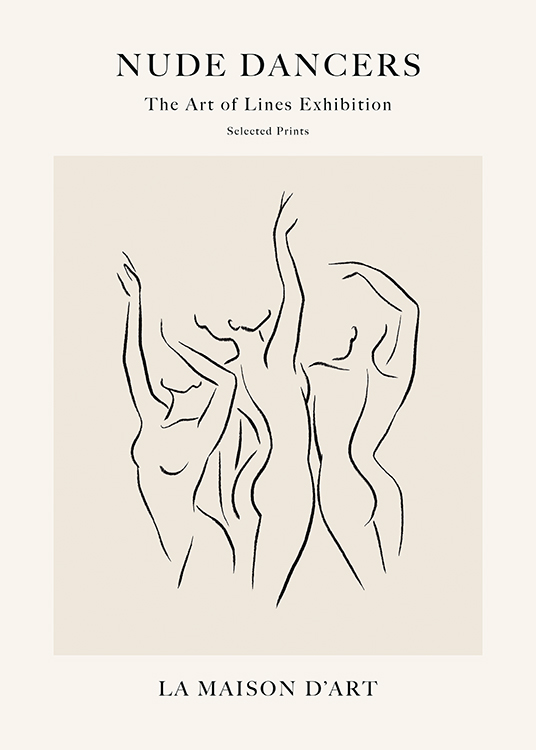  – Illustration en art linéaire d’un groupe de femmes nues en train de danser sur un fond beige
