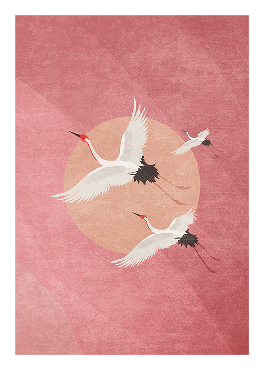  – Grafische illustratie met een groep kraanvogels in de lucht voor een lichte perzikkleurige cirkel op een roze achtergrond