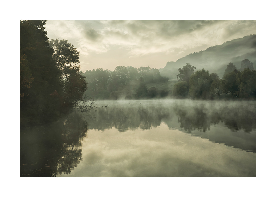  – Photographie d’un lac calme avec du brouillard au-dessus de l’eau et une forêt à l’arrière-plan