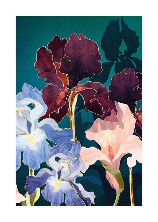 – Illustration avec des iris en bleu, rose et violet foncé sur un fond vert-bleu