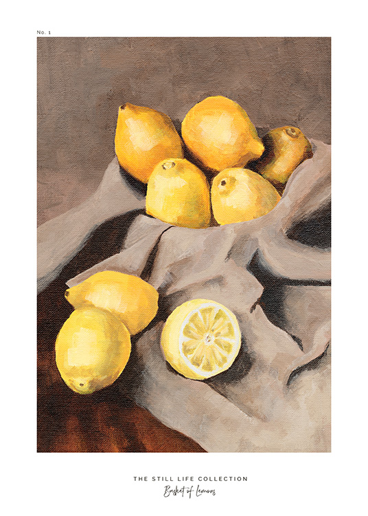  – Das Gemälde zeigt Zitronen, die auf einem grau-beigefarbenen Stoff liegen