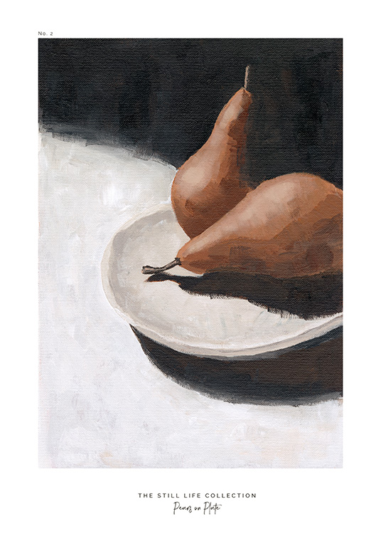  – Een schilderij van bruine peren die op een grijs bord liggen tegen een licht- en donkergrijze achtergrond