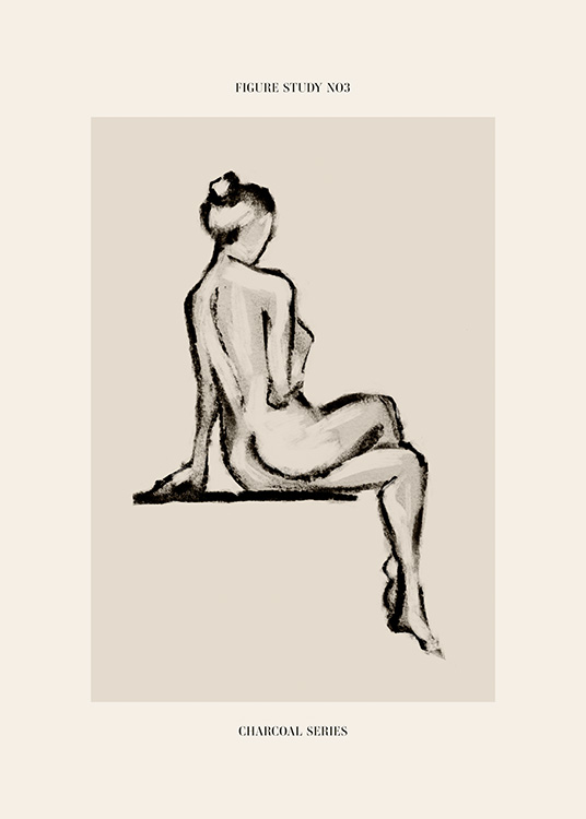  – Esquisse au fusain d’une femme nue les jambes croisées, vue de dos, sur un fond beige