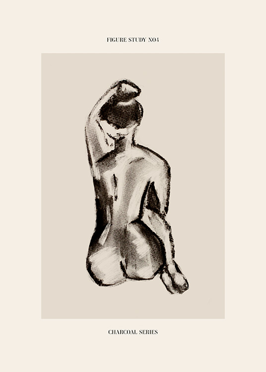  – Tekening in grijze houtskool van een naakte vrouw die met haar knieën tegen haar borst gedrukt zit
