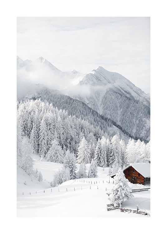 – Foto van een besneeuwd landschap met bomen en bergen en een klein huisje op de achtergrond