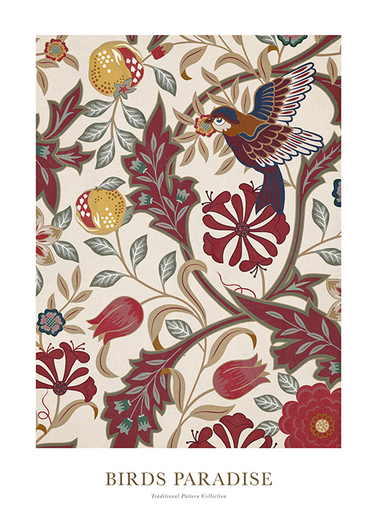  – Grafik mit einem Vogel und Blumen in Rot, Grau und Beige vor einem Hintergrund in hellem Beige