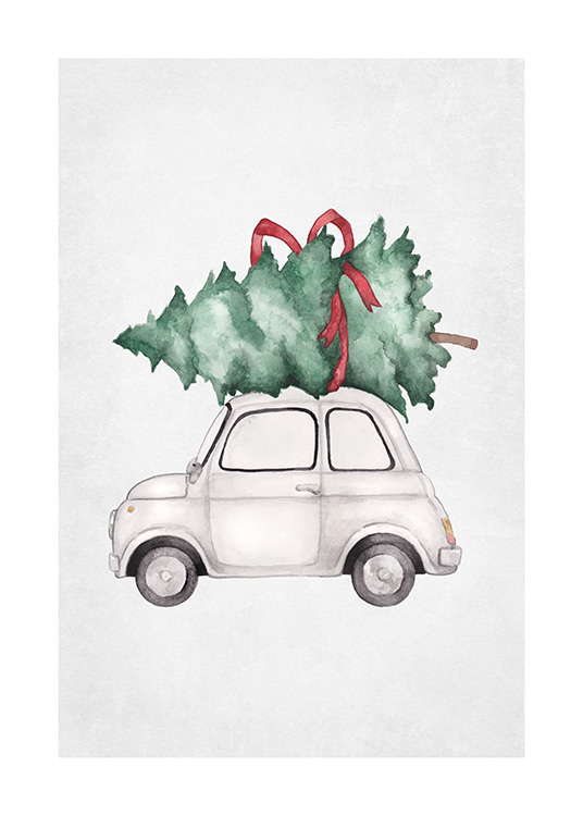  – Grafik mit einem kleinen Auto, das auf dem Dach einen grünen Weihnachtsbaum mit roter Schleife transportiert
