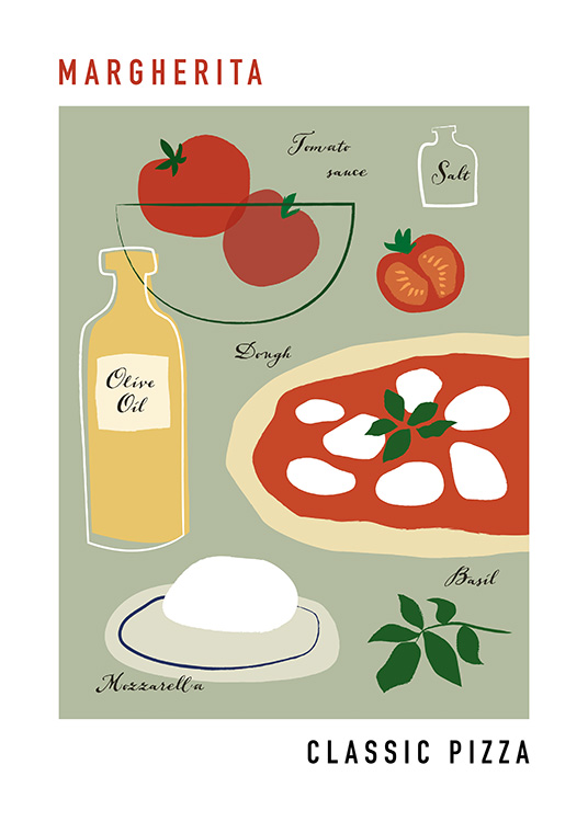  – Illustration graphique avec les ingrédients d’une pizza margherita et du texte sur un fond gris-vert