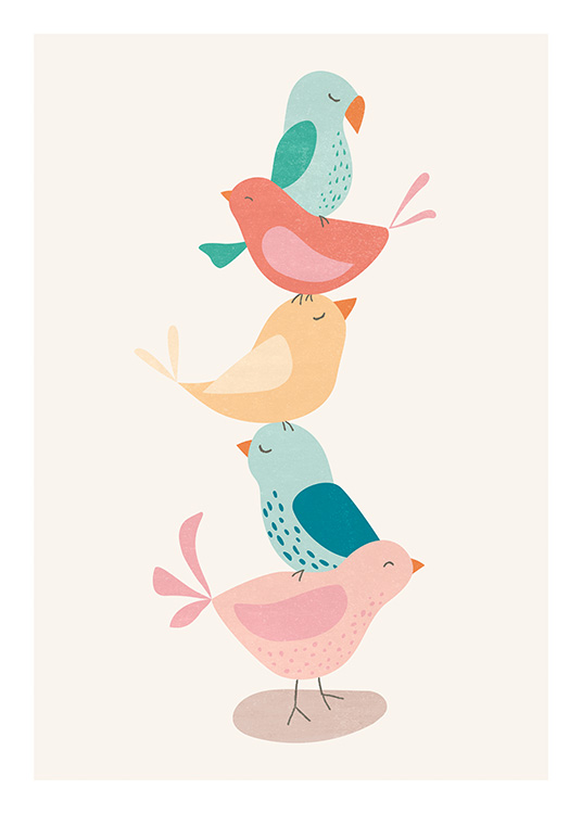  – Illustration d’oiseaux colorés en équilibre les uns sur les autres sur un fond clair