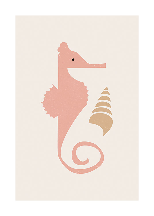  – Grafik einer beigefarbenen Muschel und eines rosa Seepferdchens vor einem Hintergrund in hellem Beige