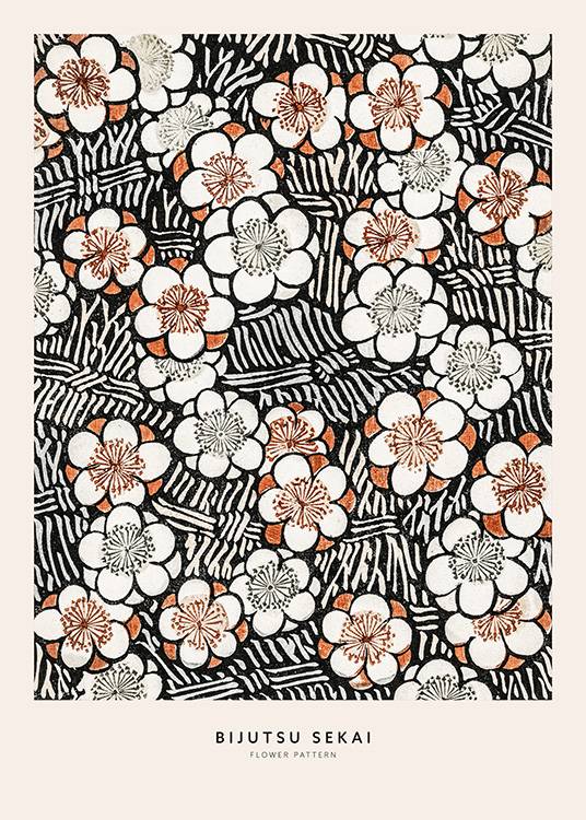  – Illustration avec un motif floral en noir et marron avec du texte en dessous