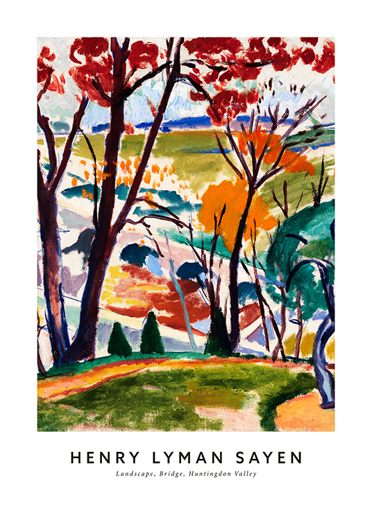  – Peinture abstraite d’un paysage avec des champs verts et des arbres rouges