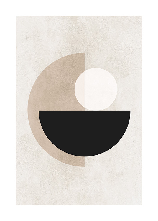 – Grafikposter mit einem Kreis und geometrischen Formen in Beige, Schwarz und Weiß vor beigem Hintergrund