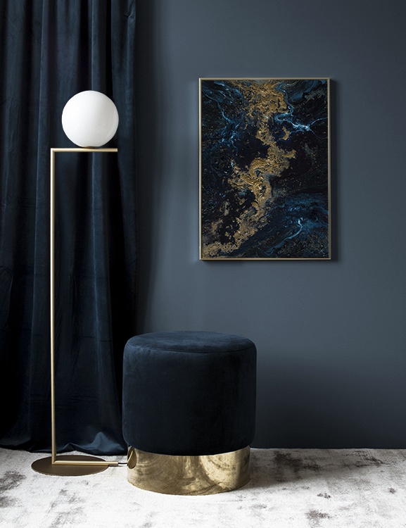  – Abstract olieverfschilderij met blauwe en gouden wervelingen