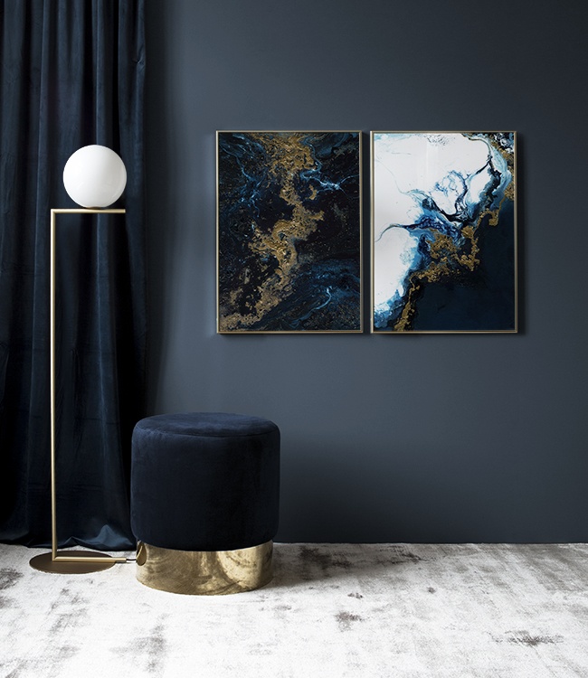  – Abstract olieverfschilderij met blauwe en gouden wervelingen