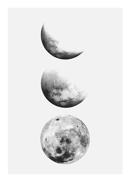  – Schwarz-weiß-Illustration einer Reihe von Monden in verschiedenen Phasen