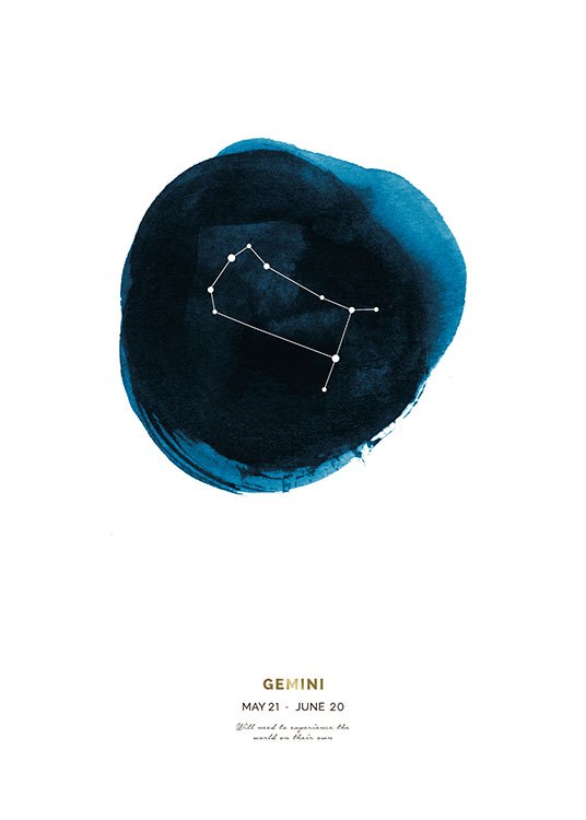  – Affiche avec le signe astrologique Gémeaux sur un cercle bleu avec du texte en bas