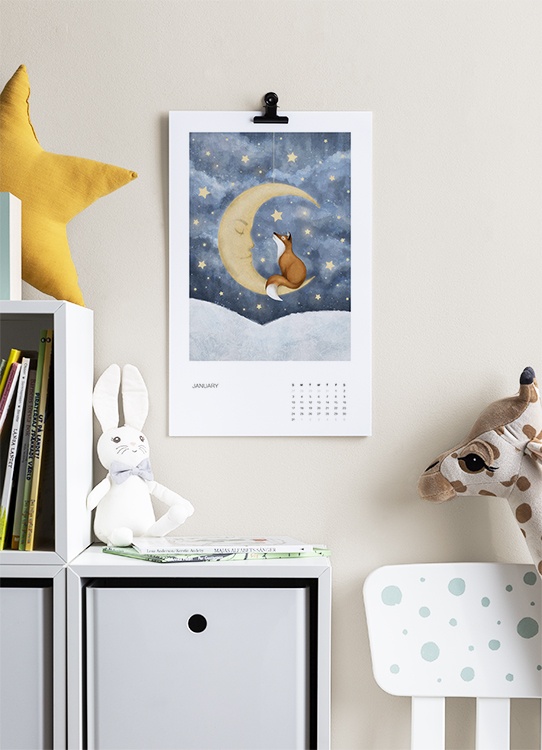  – Wandkalender met 12 illustraties van dieren voor elke maand van het jaar