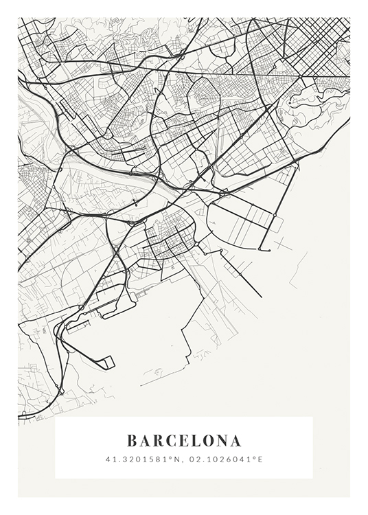  – Stadtplan in Off-white und Grau mit dem Namen der Stadt und Koordinaten am unteren Rand