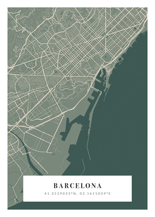  – Stadtplan in Beige und Grün mit dem Namen der Stadt und Koordinaten am unteren Rand
