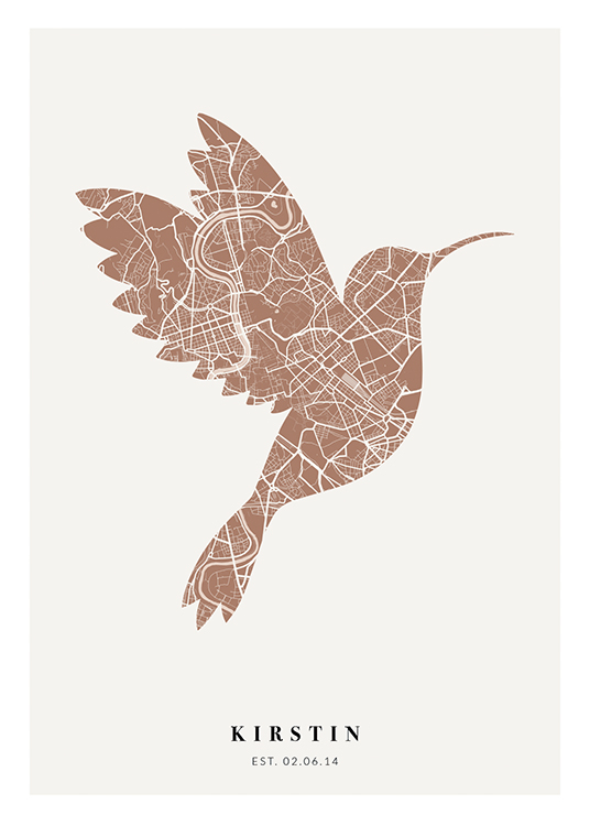  – Plan de ville en rose-rouille et blanc en forme d’oiseau avec du texte en bas