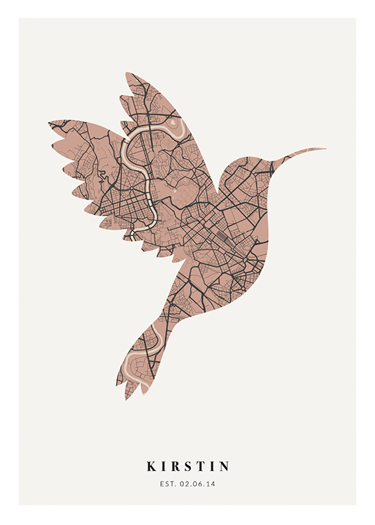  – Plan de ville en rose et gris foncé, en forme d’oiseau, avec du texte en bas