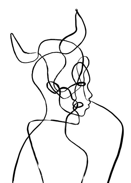  – Illustration avec une tête avec des cornes en art linéaire, inspirée par le signe astrologique du Taureau