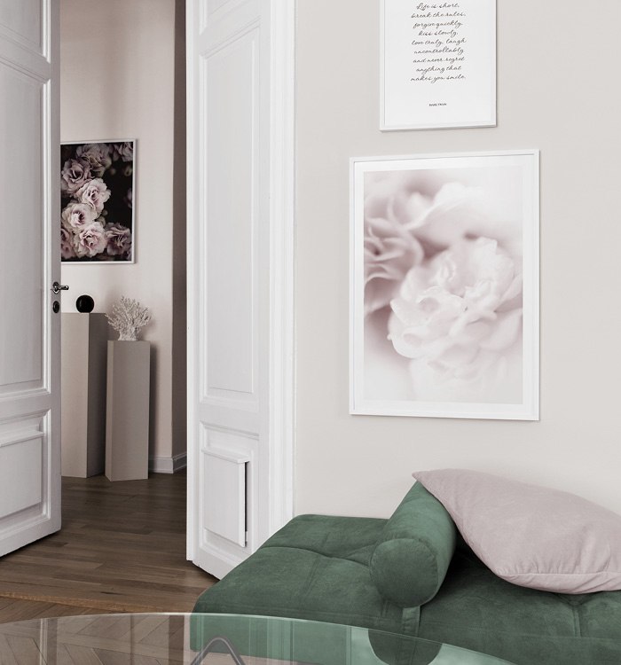 Botanikposter, Zitatebilder Wohnzimmer, Bett grün