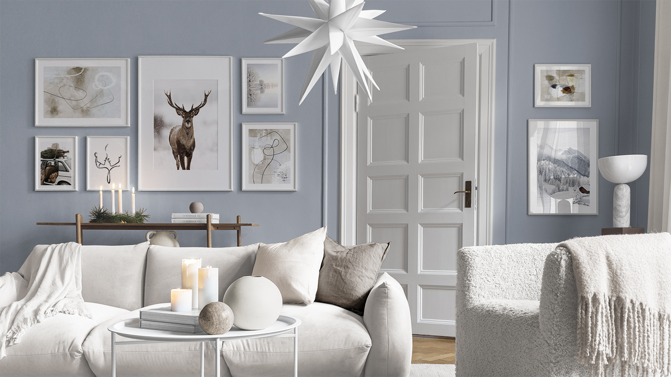 Harmonische Winterposter und Illustrationen in ruhigen Farben für das Wohnzimmer